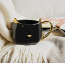 Load image into Gallery viewer, Cat Mug - Ceramic Black w Gold. 12oz.