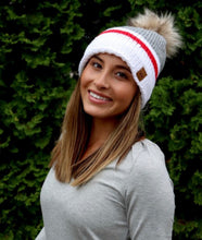 Load image into Gallery viewer, Red/Grey Striped Pom Beanie - SALE!