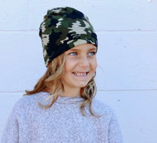 Load image into Gallery viewer, GREEN CAMO KIDS Jersey Messy Bun Beanie - SALE!
