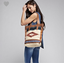 Load image into Gallery viewer, Sale! Natural Aztec With Leather Tote