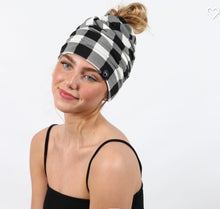 Load image into Gallery viewer, Sale! WHITE BUFFALO PLAID Jersey Messy Bun Beanie - SALE!