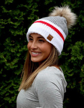 Load image into Gallery viewer, Red/Grey Striped Pom Beanie - SALE!