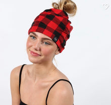 Load image into Gallery viewer, RED BUFFALO PLAID Jersey Messy Bun Beanie - SALE!
