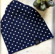 Load image into Gallery viewer, NAVY POLKA DOT Jersey Messy Bun Beanie