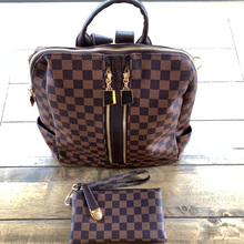 Load image into Gallery viewer, Inspired Brown Checkered Backpack with Matching Wallet