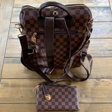 Load image into Gallery viewer, Inspired Brown Checkered Backpack with Matching Wallet