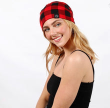Load image into Gallery viewer, RED BUFFALO PLAID Jersey Messy Bun Beanie - SALE!