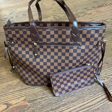 Load image into Gallery viewer, SALE! Brown Checked Inspired Tote with Matching Wristlet