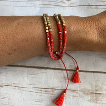 Load image into Gallery viewer, Coral/Gold Cube Cord Bead Bracelet