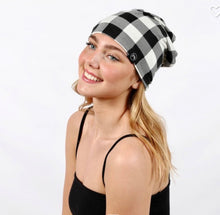 Load image into Gallery viewer, Sale! WHITE BUFFALO PLAID Jersey Messy Bun Beanie - SALE!