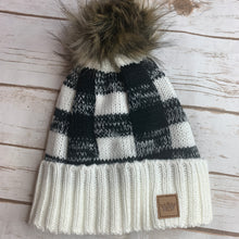 Load image into Gallery viewer, Black/White Buffalo Plaid Pom Beanie