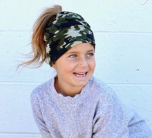 Load image into Gallery viewer, GREEN CAMO KIDS Jersey Messy Bun Beanie - SALE!