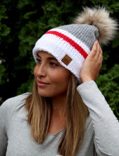 Load image into Gallery viewer, Red/Grey Striped Pom Beanie - SALE!