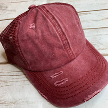 Load image into Gallery viewer, Burgundy Distressed High Pony Hat